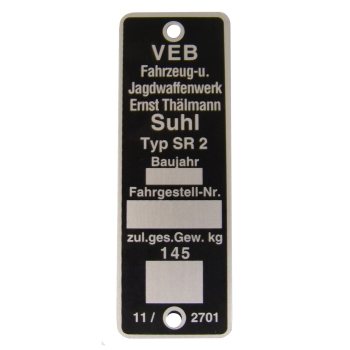 Typenschild (Rahmenplakette), Simson SR2